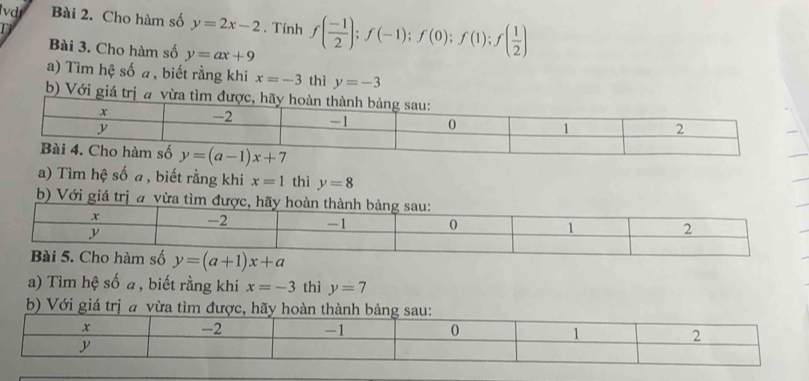 Cho hàm số y=2x-2
D . Tính f( (-1)/2 );f(-1);f(0);f(1);f( 1/2 )
Bài 3. Cho hàm số y=ax+9
a) Tìm hệ số a , biết rằng khi x=-3 thì y=-3
b) Với giá trị a v
a) Tìm hệ số a , biết rằng khi x=1 thì y=8
b) Với giá trị a vừa
y=(a+1)x+a
a) Tìm hệ số a , biết rằng khi x=-3 thì y=7
b) Với giá trị a vừa tìm đượ