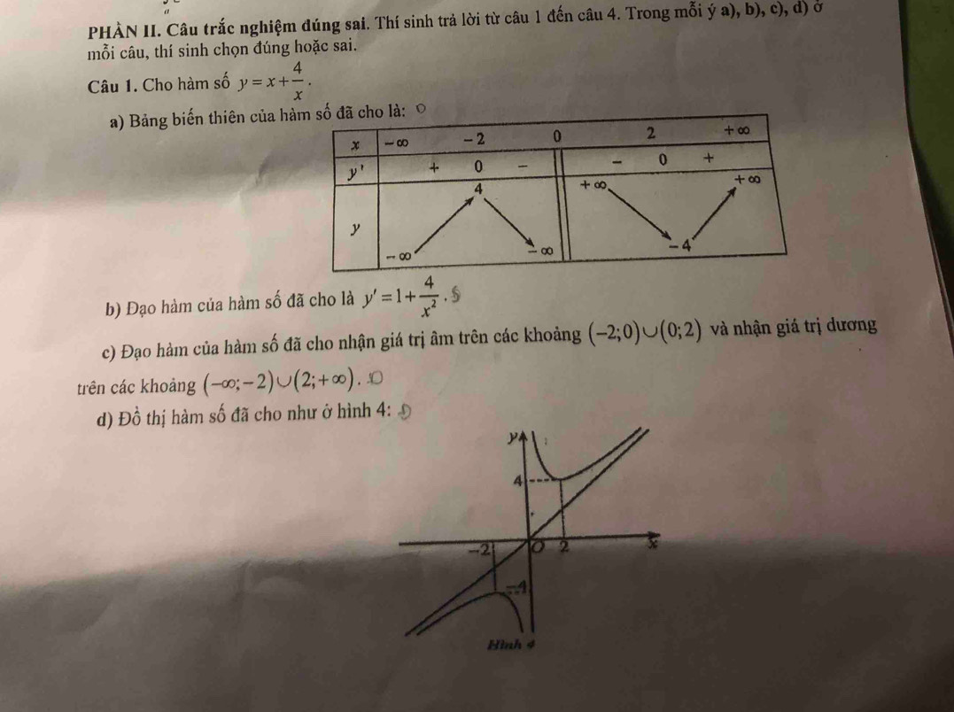 PHÀN II. Câu trắc nghiệm đúng sai. Thí sinh trả lời từ câu 1 đến câu 4. Trong mỗi ý a), b), c), d) ở
mỗi câu, thí sinh chọn đúng hoặc sai.
Câu 1. Cho hàm số y=x+ 4/x .
a) Bảng biến thiên của h
b) Đạo hàm của hàm số đã cho là y'=1+ 4/x^2 · 5
c) Đạo hàm của hàm số đã cho nhận giá trị âm trên các khoảng (-2;0)∪ (0;2) và nhận giá trị dương
trên các khoảng (-∈fty ;-2)∪ (2;+∈fty )
d) 1 2 6 thị hàm số đã cho như ở hình 4:
y ;
4
-2 2
Hình 4