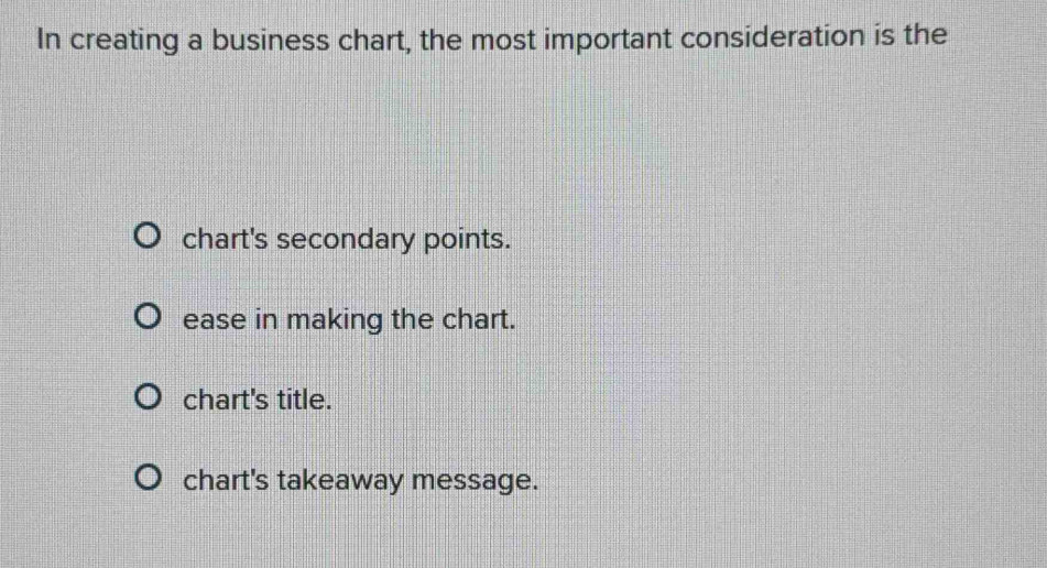 Solved: In creating a business chart, the most important consideration ...