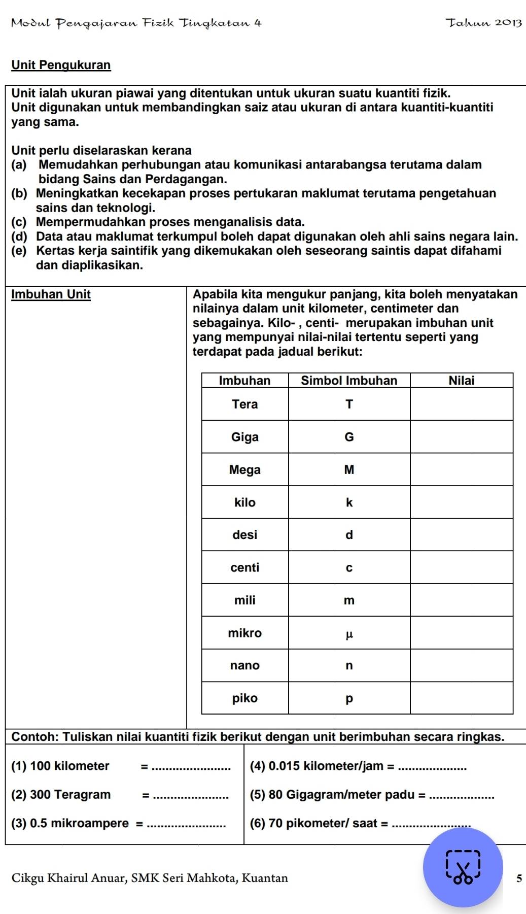 Modul Pengajaran Fizik Tingkatan 4 Tahun 201
Unit Pengukuran 
Unit ialah ukuran piawai yang ditentukan untuk ukuran suatu kuantiti fizik. 
Unit digunakan untuk membandingkan saiz atau ukuran di antara kuantiti-kuantiti 
yang sama. 
Unit perlu diselaraskan kerana 
(a) Memudahkan perhubungan atau komunikasi antarabangsa terutama dalam 
bidang Sains dan Perdagangan. 
(b) Meningkatkan kecekapan proses pertukaran maklumat terutama pengetahuan 
sains dan teknologi. 
(c) Mempermudahkan proses menganalisis data. 
(d) Data atau maklumat terkumpul boleh dapat digunakan oleh ahli sains negara lain. 
(e) Kertas kerja saintifik yang dikemukakan oleh seseorang saintis dapat difahami 
dan diaplikasikan. 
Imbuhan Unit Apabila kita mengukur panjang, kita boleh menyatakan 
nilainya dalam unit kilometer, centimeter dan 
sebagainya. Kilo- , centi - merupakan imbuhan unit 
yang mempunyai nilai-nilai tertentu seperti yang 
terdapat pada jadual berikut: 
Contoh: Tuliskan nilai kuantiti fizik berikut dengan unit berimbuhan secara ringkas. 
(1) 100 kilometer = _  (4) 0.015 kilometer/jam =_ 
(2) 300 Teragram = _  (5) 80 Gigagram/meter padu =_ 
(3) 0.5 mikroampere = _(6) 70 pikometer / saat =_ 
Cikgu Khairul Anuar, SMK Seri Mahkota, Kuantan 5