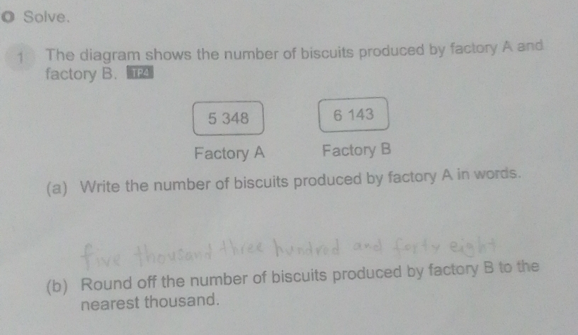 Solve. 
1 The diagram shows the number of biscuits produced by factory A and 
factory B. T
5 348 6 143
Factory A Factory B 
(a) Write the number of biscuits produced by factory A in words. 
(b) Round off the number of biscuits produced by factory B to the 
nearest thousand.