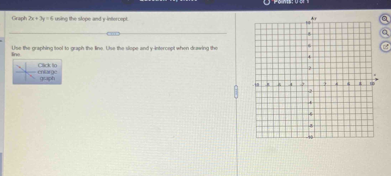 Graph 2x+3y=6 using the slope and y-intercept. 
Use the graphing tool to graph the line. Use the slope and y-intercept when drawing the 
B 
line. 
Click to 
nlarge 
graph