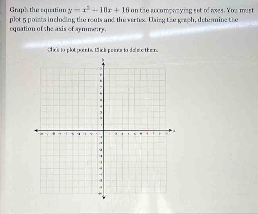 Graph the equation y=x^2+10x+16 on the accompanying set of axes. You must 
plot 5 points including the roots and the vertex. Using the graph, determine the 
equation of the axis of symmetry. 
Click to plot points. Click points to delete them.