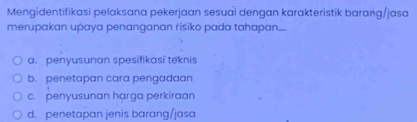 Mengidentifikasi pelaksana pekerjaan sesuai dengan karakteristik barang/jasa
merupakan upaya penanganan risiko pada tahapan....
a. penyusunan spesifikasi teknis
b. penetapan cara pengadaan
c. penyusunan harga perkiraan
d. penetapan jenis barang/jasa