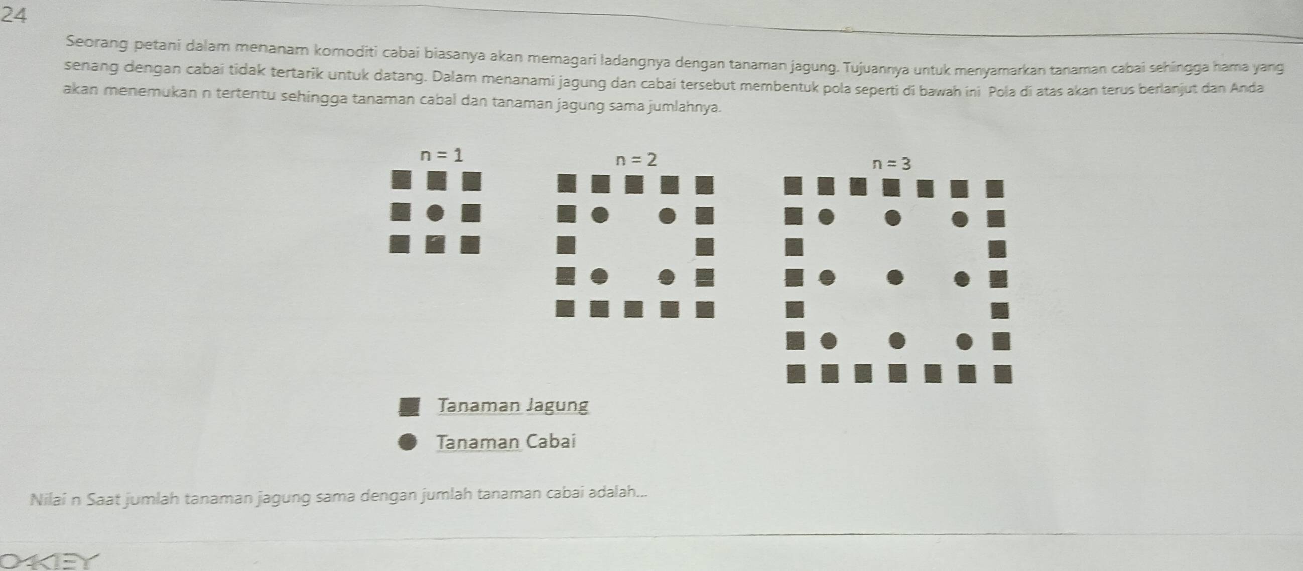 Seorang petani dalam menanam komoditi cabai biasanya akan memagari ladangnya dengan tanaman jagung. Tujuannya untuk menyamarkan tanaman cabai sehingga hama yang 
senang dengan cabaí tidak tertarik untuk datang. Dalam menanami jagung dan cabaí tersebut membentuk pola seperti di bawah ini Pola di atas akan terus berlanjut dan Anda 
akan menemukan n tertentu sehingga tanaman cabal dan tanaman jagung sama jumlahnya.
n=1
n=2
n=3
Tanaman Jagung 
Tanaman Cabai 
Nilai n Saat jumlah tanaman jagung sama dengan jumlah tanaman cabai adalah...