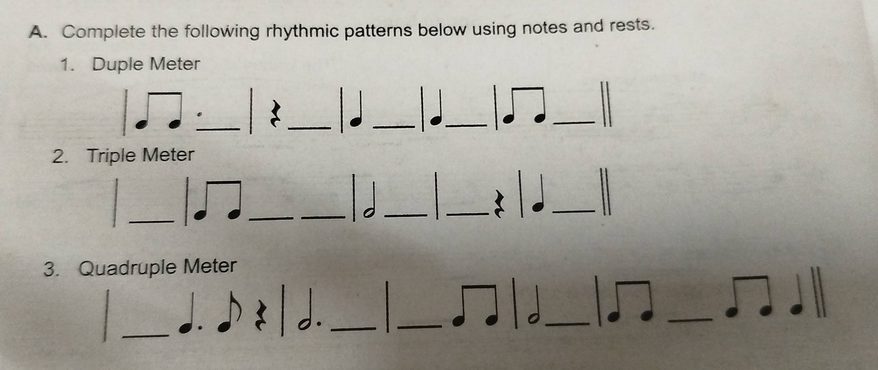 Solved: Complete the following rhythmic patterns below using notes and ...