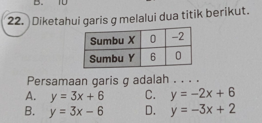 10
22. Diketahui garis g melalui dua titik berikut.
Persamaan garis g adalah . . . .
A. y=3x+6 C. y=-2x+6
B. y=3x-6 D. y=-3x+2