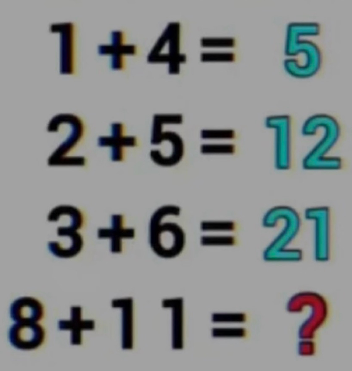 Gelöst:1+4=5 2+5=12 3+6=21 8+11=