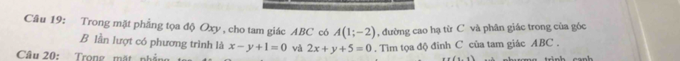 Trong mặt phẳng tọa độ Oxy , cho tam giác ABC có A(1;-2) , đường cao hạ từ C và phân giác trong của góc 
B lần lượt có phương trình là x-y+1=0 và 2x+y+5=0. Tìm tọa độ đinh C của tam giác ABC. 
Câu 20: Trong mặt phẳng
x, (1,1)