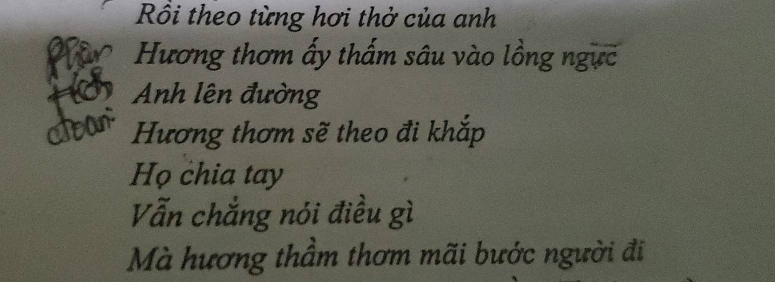 Rồi theo từng hơi thở của anh 
Hương thơm ấy thấm sâu vào lồng ngực 
Anh lên đường 
Hương thơm sẽ theo đi khắp 
Họ chia tay 
Vẫn chẳng nói điều gì 
Mà hương thầm thơm mãi bước người đi