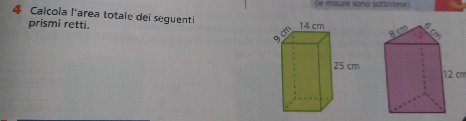 (le misure sano sottintese). 
4 Calcola l’area totale dei seguenti 
prismi retti.
12 cm