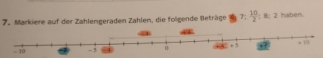 Markiere auf der Zahlengeraden Zahlen, die folgende Beträge m 7;  10/2 ; 8; 2 haben.