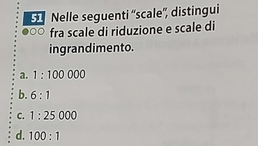 Nelle seguenti “scale”, distingui
fra scale di riduzione e scale di
ingrandimento.
a. 1:100000
b. 6:1
C. 1:25000
d. 100:1