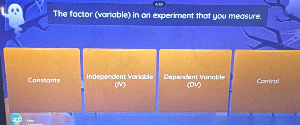 4/60
The factor (variable) in an experiment that you measure.
Constants Independent Variable Dependent Varíable
(IV) (DV)
Control
Mia