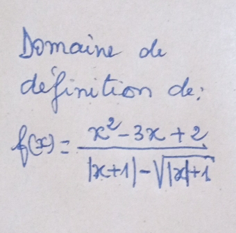 Domaine d 
definition do
f(x)= (x^2-3x+2)/|x+1|-sqrt(|x|+1) 