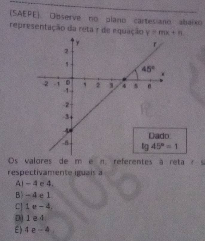 (SAEPE). Observe no piano cartesiano abaixo
representação da reta r de equação y=mx+n
lg 45°=1
Os valores de m e n, referentes à reta r si
respectivamente iguais a
A) - 4 e 4.
B) - 4 e 1
C) 1 e - 4.
D) 1 e 4
E) 4 e - 4