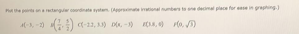 Plot the points on a rectangular coordinate system. (Approximate irrational numbers to one decimal place for ease in graphing.)
A(-3,-2) B( 7/4 , 5/2 ) C(-2.2,3.3)D(π ,-3) E(3.8,0) F(0,sqrt(3))