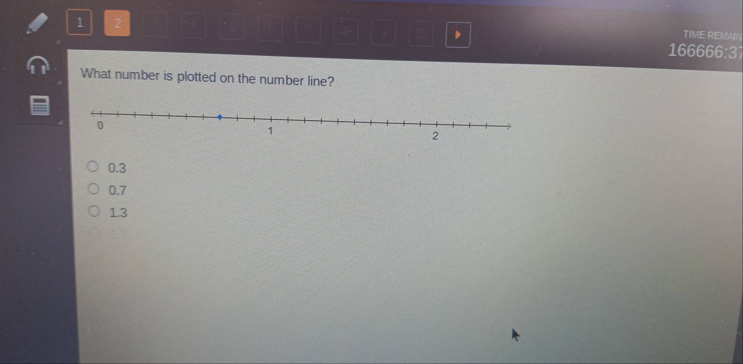 1 2
TIME REMAIN
166666:37
What number is plotted on the number line?
0.3
0.7
1.3