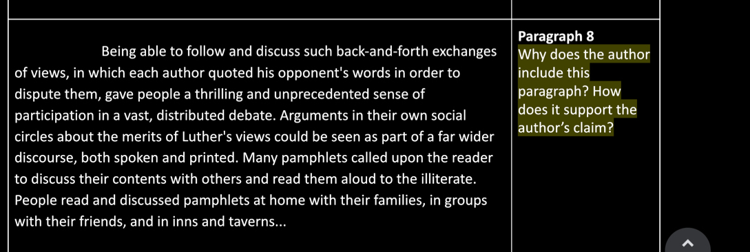 Paragraph 8
Being able to follow and discuss such back-and-forth exchanges Why does the author
of views, in which each author quoted his opponent's words in order to include this
dispute them, gave people a thrilling and unprecedented sense of paragraph? How
participation in a vast, distributed debate. Arguments in their own social does it support the
circles about the merits of Luther's views could be seen as part of a far wider author’s claim?
discourse, both spoken and printed. Many pamphlets called upon the reader
to discuss their contents with others and read them aloud to the illiterate.
People read and discussed pamphlets at home with their families, in groups
with their friends, and in inns and taverns...