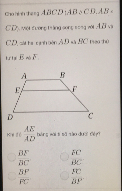 Cho hình thang ABCD (ABparallel CD, AB
CD). Một đường thắng song song với AB và
CD, cất hai cạnh bên AD và BC theo thứ
tự tại E và F.
Khi đó  AE/AD  bằng với tí số nào dưới đây?
 BF/BC 
 FC/BC 
 BF/FC ·
 FC/BF 