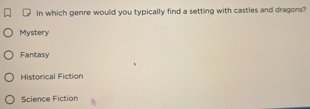 In which genre would you typically find a setting with castles and dragons?
Mystery
Fantasy
Historical Fiction
Science Fiction
