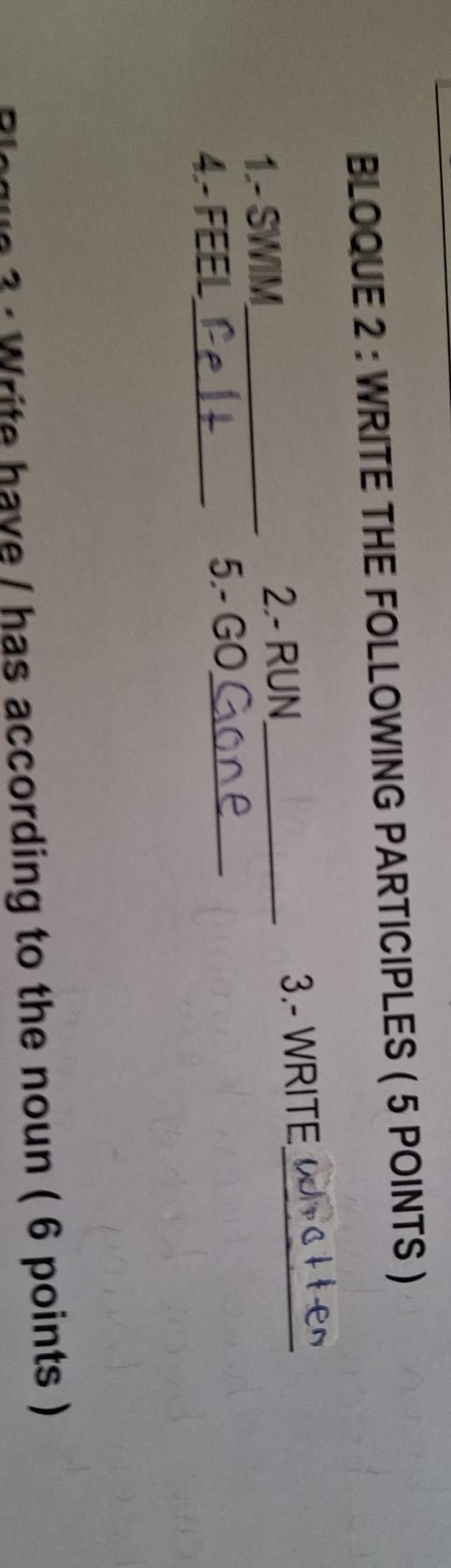 BLOQUE 2 : WRITE THE FOLLOWING PARTICIPLES ( 5 POINTS ) 
1.- SWIM_ 2.- RUN_ 
3.- WRITE_ 
4.- FEEL_ 
5.- GO_ 
3 : W rite have / has according to the noun ( 6 points )