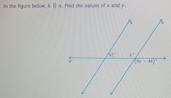 In the figure below, k||n. Find the values of x and y.