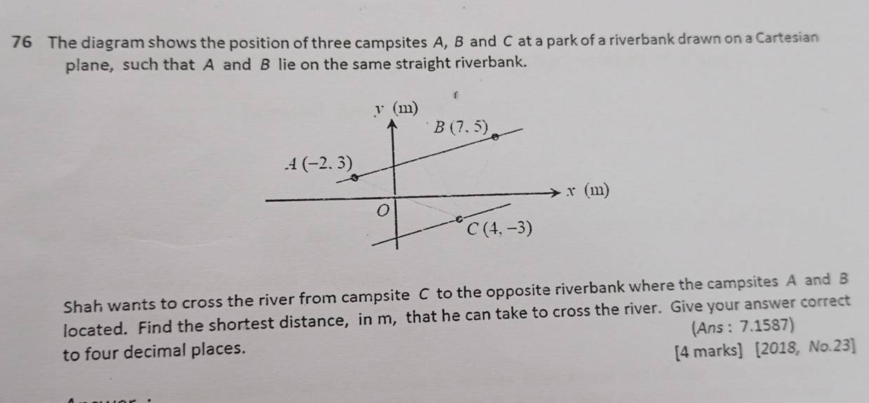 The diagram shows the position of three campsites A, B and C at a park of a riverbank drawn on a Cartesian
plane, such that A and B lie on the same straight riverbank.
Shah wants to cross the river from campsite C to the opposite riverbank where the campsites A and B
located. Find the shortest distance, in m, that he can take to cross the river. Give your answer correct
(Ans : 7.1587)
to four decimal places. [4 marks] [2018, No.23]