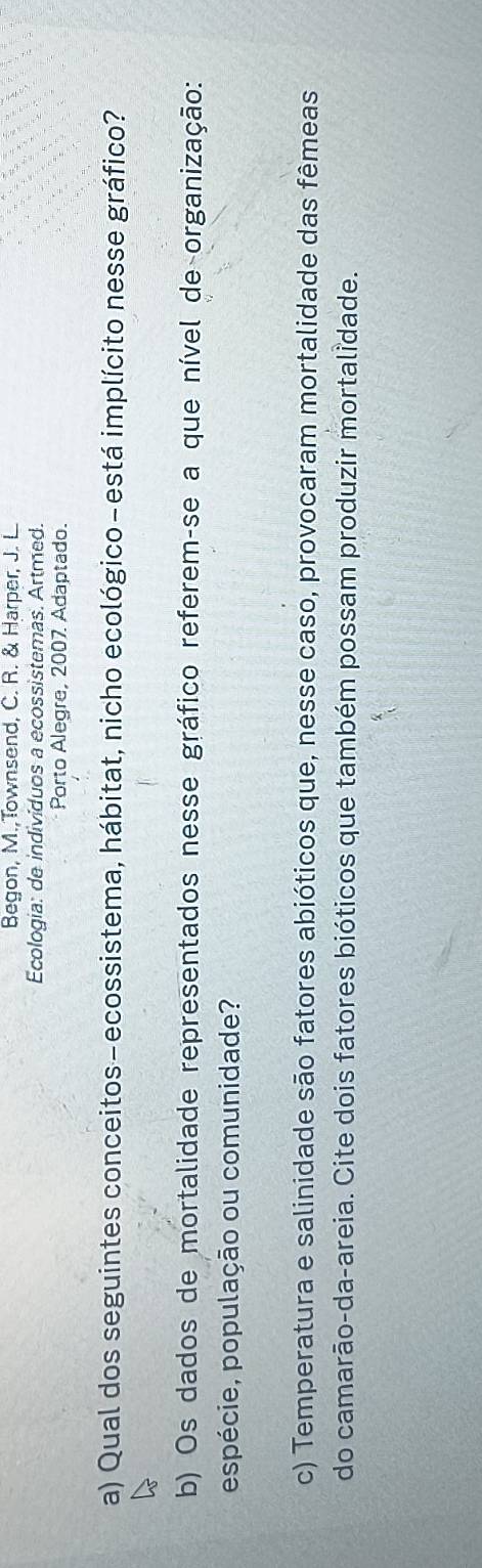 Begon, M.,Townsend, C. R. & Harper, J. L. 
Ecologia: de indivíduos a ecossistemas. Artmed. 
Porto Alegre, 2007 Adaptado. 
a) Qual dos seguintes conceitos-ecossistema, hábitat, nicho ecológico-está implícito nesse gráfico? 
b) Os dados de mortalidade representados nesse gráfico referem-se a que nível de organização: 
espécie, população ou comunidade? 
c) Temperatura e salinidade são fatores abióticos que, nesse caso, provocaram mortalidade das fêmeas 
do camarāo-da-areia. Cite dois fatores bióticos que também possam produzir mortalidade.