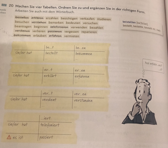 Machen Sie vier Tabellen. Ordnen Sie zu und ergänzen Sie in der richtigen Form. 
cke n natik Arbeiten Sie auch mit dem Wörterbuch. 
bestellen erklären erzählen besichtigen verkaufen studieren 
besuchen verstehen bemerken bedeuten versuchen 
beistelilen [ba'ſtcian]。 bestellt, bestelite, bestellt