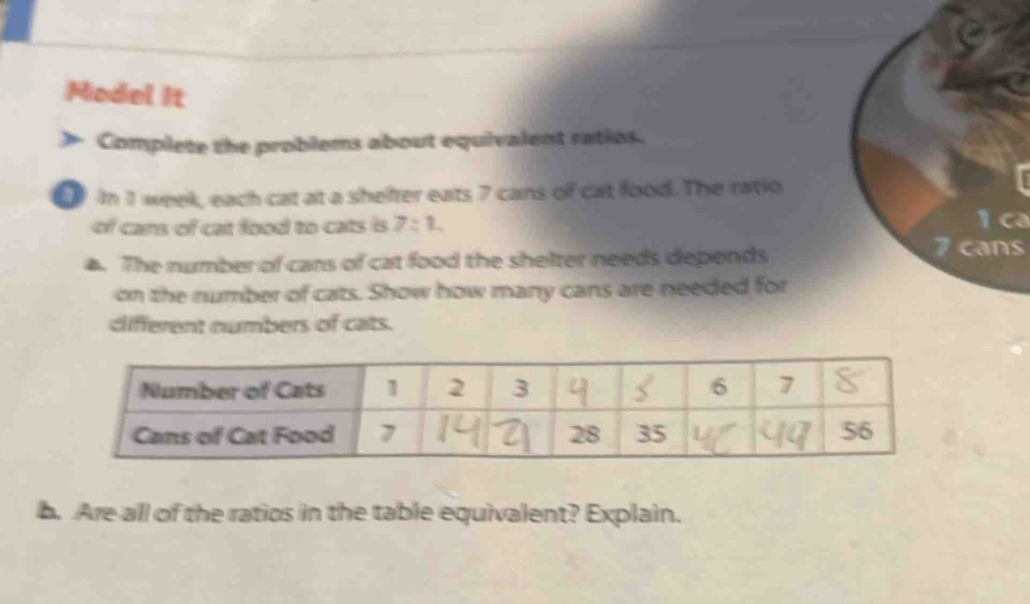 Model It 
) Complete the problems about equivalent ratios. 
In 1 week, each cat at a shelter eats 7 cans of cat food. The ratio 
of cans of cat food to cats is 7:1. 
. The number of cans of cat food the shelter needs depends
7 cans 
on the number of cats. Show how many cans are needed for 
cifferent numbers of cats. 
b. Are all of the ratios in the table equivalent? Explain.