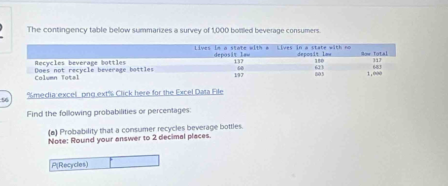 The contingency table below summarizes a survey of 1,000 bottled beverage consumers.
56 % media excel png ext % Click here for the Excel Data File 
Find the following probabilities or percentages: 
(a) Probability that a consumer recycles beverage bottles. 
Note: Round your answer to 2 decimal places. 
P(Recycles)