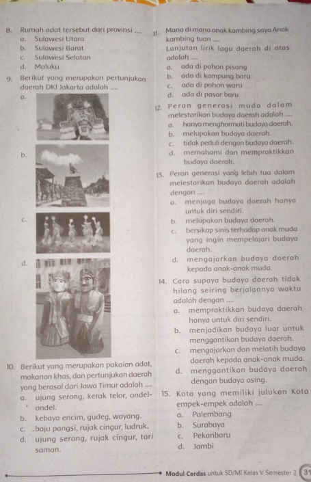 Rumah adat tersebut dari provinsi_ 1t. Mana di mana anak kambing saya Anak
a. Sulawesi Utara kambing tuan ....
b. Sulawesi Barat Lanjutan lirik lagu daerah di atas
c. Sulawesi Selatan adalah ....
d. Maluku a. ada di pohon pisang
9. Berikut yang merupakan pertunjukan b. ada di kampung baru
daerah DKI Jakarta adalah .... c. ada di pohon waru
a.d. ada di pasar baru
12. Peran generasi muda dalam
melestarikan budaya daerah adalah ....
a. hanya menghormati budaya daerah.
b. melupakan budaya daerah.
c. tidak peduli dengan budaya daerah.
b.d. memahami dan mempraktikkan
budaya daerah.
13. Peran generasi yang lebih tua dalam
melestarikan budaya daerah adalah
dengan ....
a. menjaga budaya daerah hanya
untuk diri sendiri.
C.
b. melupakan budaya daerah.
c. bersikap sinis terhadap anak muda
yang ingin mempelajari budaya
doerah.
d.d. mengajarkan budaya daerah
kepada anak-anak muda.
14. Cara supaya budaya daerah tidak
hilang seiring berjalannya waktu
adalah dengan ....
a. mempraktikkan budaya daerah
hanya untuk diri sendiri.
b. menjadikan budaya luar untuk
menggantikan budaya daerah.
c. mengajarkan dan melatih budaya
10. Berikut yang merupakan pakaian adat, daerah kepada anak-anak muda.
makanan khas, dan pertunjukan daerah d. menggantikan budaya daerah
yang berasal dari Jawa Timur adalah .... dengan budaya asing.
a. ujung serong, kerak telor, ondel- 15. Kota yang memiliki julukan Kota
ondel. empek-empek adalah ....
b. kebaya encim, gudeg, wayang. a. Palembang
c. . baju pangsi, rujak cingur, ludruk. b. Surabaya
d. ujung serong, rujak cingur, tari c. Pekanbaru
saman. d. Jambi
Modul Cerdas untuk SD/MI Kelas V Semester 2 31