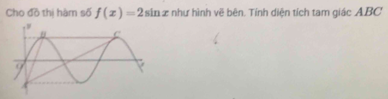 Cho đồ thị hàm số f(x)=2sin x như hình vẽ bên. Tính diện tích tam giác ABC