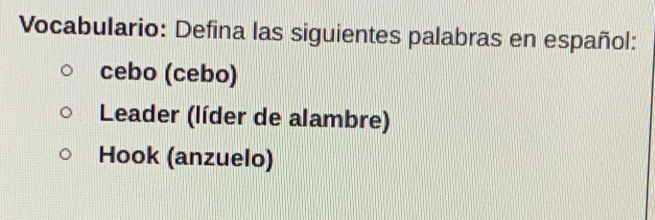 Vocabulario: Defina las siguientes palabras en español: 
cebo (cebo) 
Leader (líder de alambre) 
Hook (anzuelo)