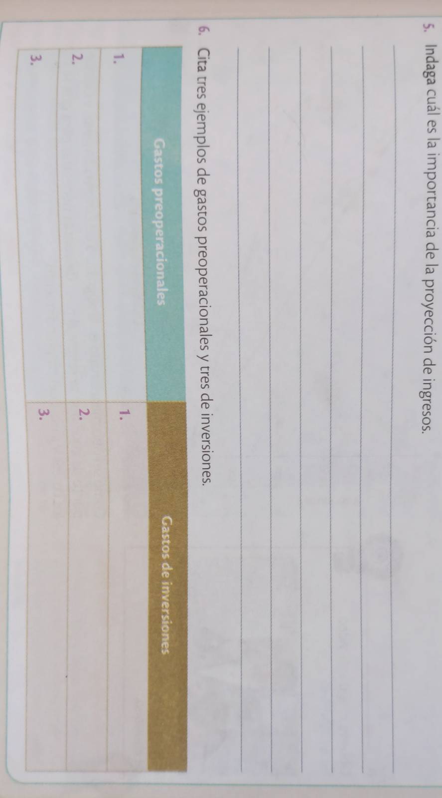 Indaga cuál es la importancia de la proyección de ingresos. 
_ 
_ 
_ 
_ 
_ 
_ 
6. Cita tres ejemplos de gastos preoperacionales y tres de inversiones.