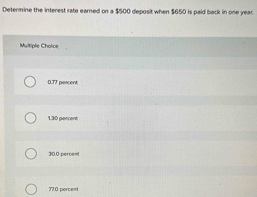 Solved: Determine the interest rate earned on a $500 deposit when $650 ...