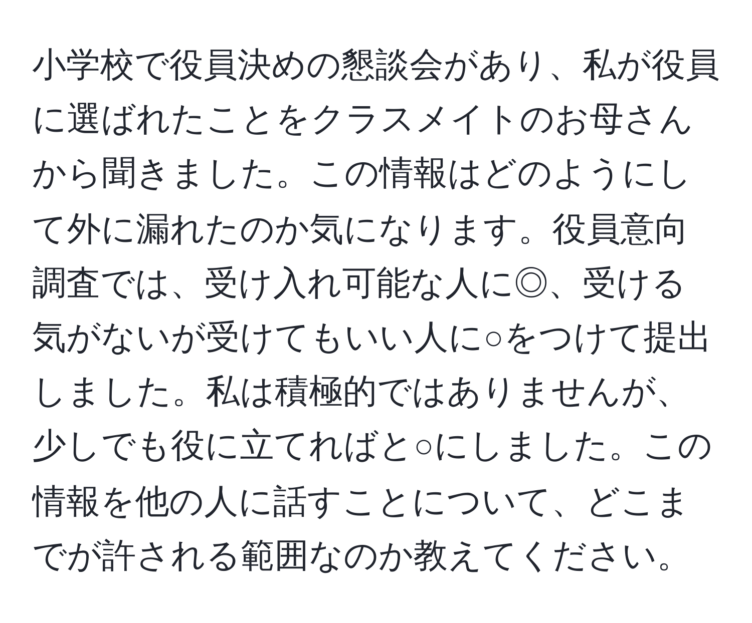 小学校で役員決めの懇談会があり、私が役員に選ばれたことをクラスメイトのお母さんから聞きました。この情報はどのようにして外に漏れたのか気になります。役員意向調査では、受け入れ可能な人に◎、受ける気がないが受けてもいい人に○をつけて提出しました。私は積極的ではありませんが、少しでも役に立てればと○にしました。この情報を他の人に話すことについて、どこまでが許される範囲なのか教えてください。