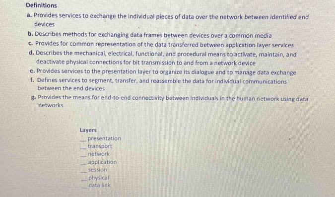 Definitions 
a. Provides services to exchange the individual pieces of data over the network between identified end 
devices 
b. Describes methods for exchanging data frames between devices over a common media 
c. Provides for common representation of the data transferred between application layer services 
d. Describes the mechanical, electrical, functional, and procedural means to activate, maintain, and 
deactivate physical connections for bit transmission to and from a network device 
e. Provides services to the presentation layer to organize its dialogue and to manage data exchange 
f. Defines services to segment, transfer, and reassemble the data for individual communications 
between the end devices 
g. Provides the means for end-to-end connectivity between individuals in the human network using data 
networks 
Layers 
_presentation 
_transport 
_ 
network 
_application 
_ 
session 
_physical 
_ 
data link