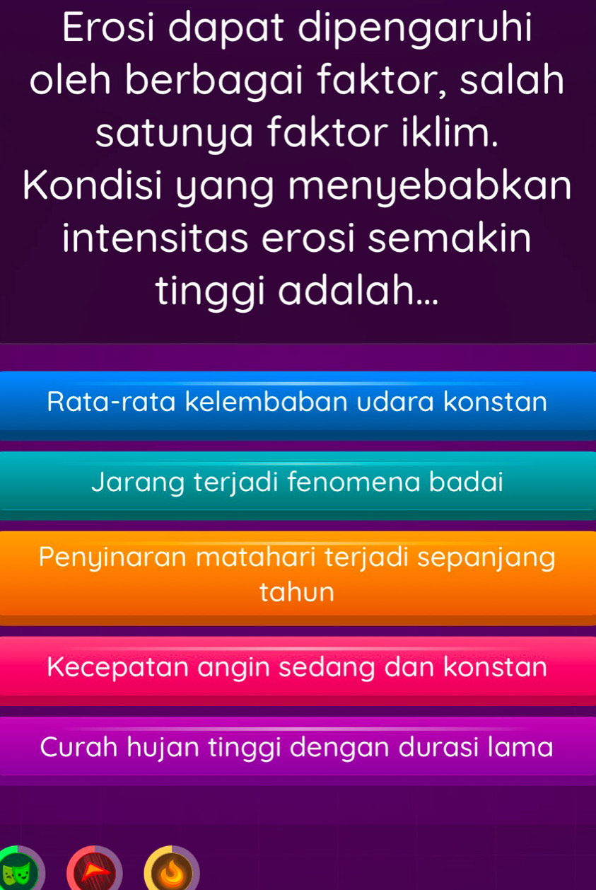 Erosi dapat dipengaruhi
oleh berbagai faktor, salah
satunya faktor iklim.
Kondisi yang menyebabkan
intensitas erosi semakin
tinggi adalah...
Rata-rata kelembaban udara konstan
Jarang terjadi fenomena badai
Penyinaran matahari terjadi sepanjang
tahun
Kecepatan angin sedang dan konstan
Curah hujan tinggi dengan durasi lama