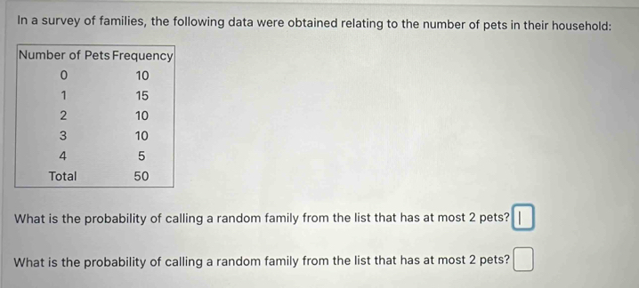 In a survey of families, the following data were obtained relating to the number of pets in their household: 
What is the probability of calling a random family from the list that has at most 2 pets? □ 
What is the probability of calling a random family from the list that has at most 2 pets? □