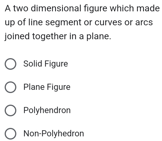 A two dimensional figure which made
up of line segment or curves or arcs
joined together in a plane.
Solid Figure
Plane Figure
Polyhendron
Non-Polyhedron