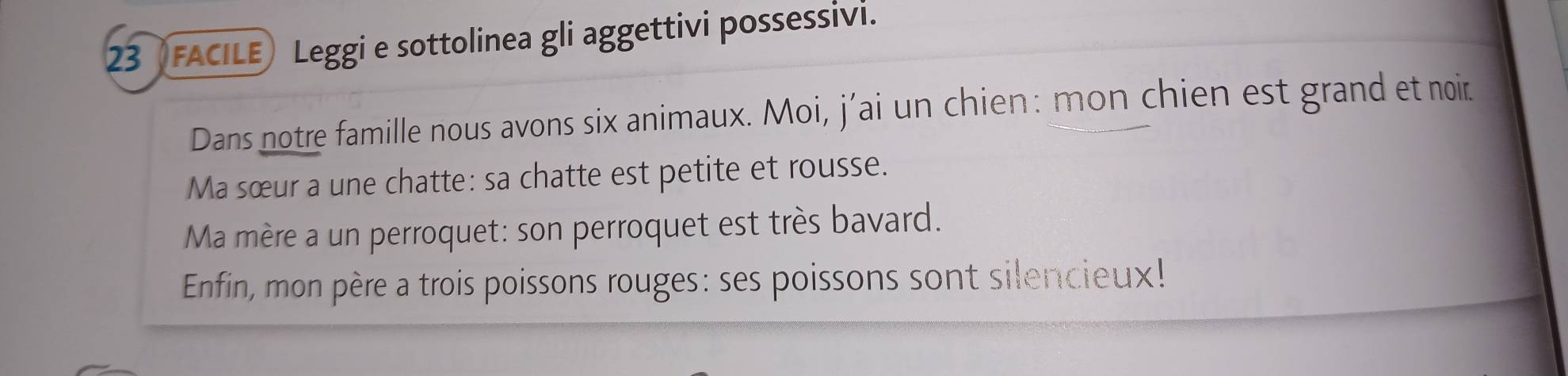 FACILE Leggi e sottolinea gli aggettivi possessivi. 
Dans notre famille nous avons six animaux. Moi, j’ai un chien: mon chien est grand et noir 
Ma sœur a une chatte: sa chatte est petite et rousse. 
Ma mère a un perroquet: son perroquet est très bavard. 
Enfin, mon père a trois poissons rouges: ses poissons sont silencieux!