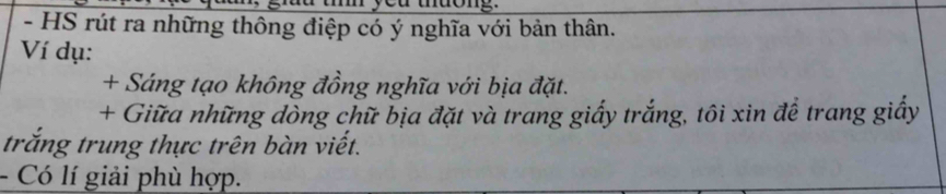 HS rút ra những thông điệp có ý nghĩa với bản thân. 
Ví dụ: 
+ Sáng tạo không đồng nghĩa với bịa đặt. 
+ Giữa những dòng chữ bịa đặt và trang giấy trắng, tôi xin để trang giấy 
trắng trung thực trên bàn viết. 
- Có lí giải phù hợp.