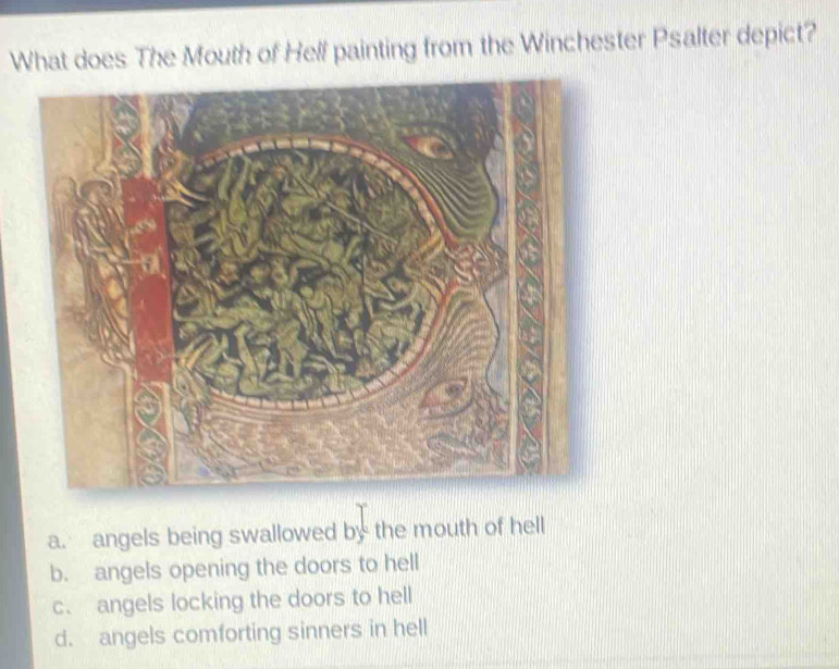 Woes The Mouth of Hell painting from the Winchester Psalter depict?
a. angels being swallowed by the mouth of hell
b. angels opening the doors to hell
c. angels locking the doors to hell
d. angels comforting sinners in hell