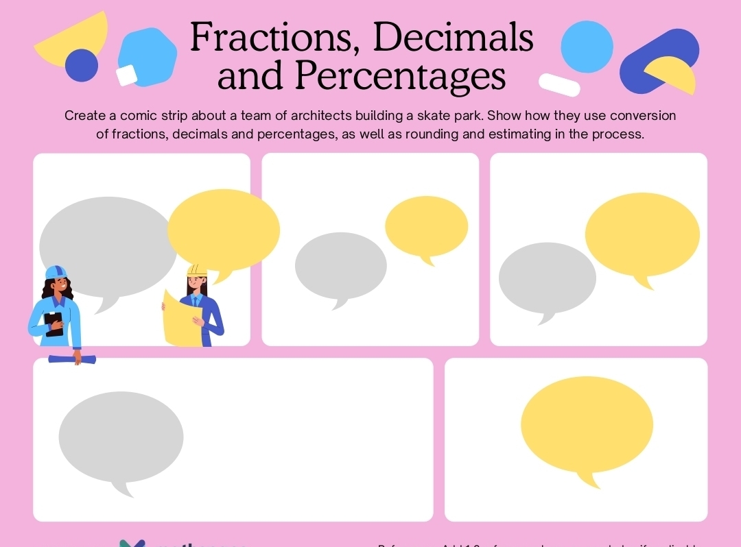 Fractions, Decimals 
and Percentages 
Create a comic strip about a team of architects building a skate park. Show how they use conversion 
of fractions, decimals and percentages, as well as rounding and estimating in the process.