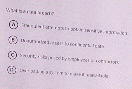 What is a data breach?
A Fraudulent attempts to obtain sensitive information
B) Unauthorized access to confidential data
C Security risks posed by employees or contractors
D Overloading a system to make it unavailable