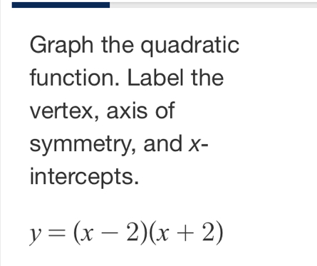 Graph the quadratic 
function. Label the 
vertex, axis of 
symmetry, and x - 
intercepts.
y=(x-2)(x+2)