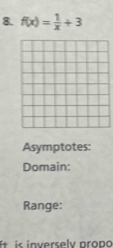 f(x)= 1/x +3
Asymptotes: 
Domain: 
Range: 
í is inversely propo