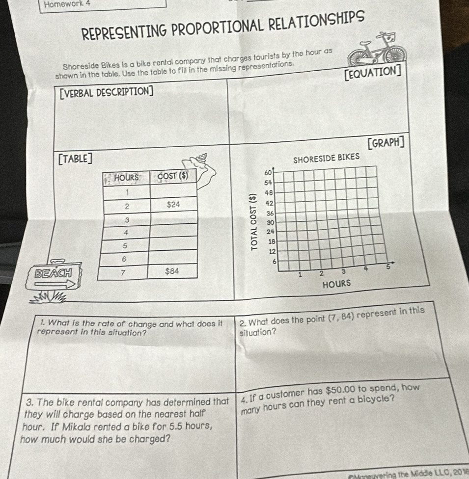 Homework 4 
REPRESENTING PROPORTIONAL RELATIONSHIPS 
Shoreside Bikes is a bike rental company that charges tourists by the hour as 
[EQUATION] 
shown in the table. Use the table to fill in the missing representations. 
[VERBAL DESCRIPTION] 
[GRAPH] 
[TABLSHORESIDE BIKES
60
54
42
36
30
8 48
24
18
12
6
BEACH 3 4 5
1 2
HOURS

1. What is the rate of change and what does it 2. What does the point (7,84) represent in this 
represent in this situation? situation? 
3. The bike rental company has determined that 4. If a customer has $50.00 to spend, how 
they will charge based on the nearest half many hours can they rent a bicycle? 
hour. If Mikala rented a bike for 5.5 hours, 
how much would she be charged? 
aneyyering the Middle LLC, 2018